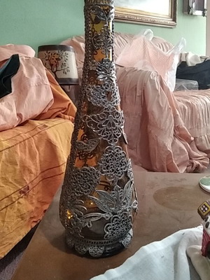 Vintage glass carafe with metal filigree decoration like new