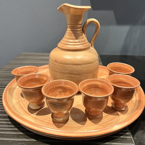 Ceramic handmade serving set with carafe, 6 glasses and platter