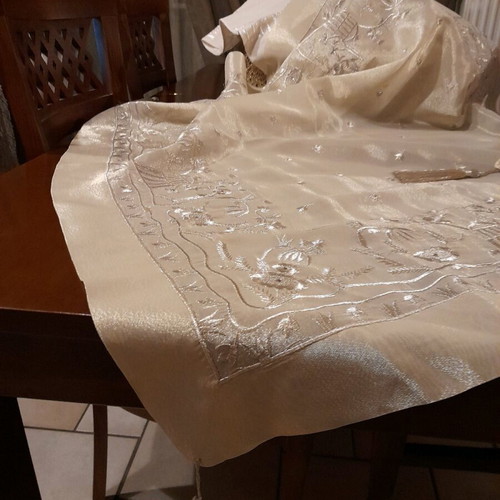 Silk tablecloth new embroidered with silver thread ivory 1×1