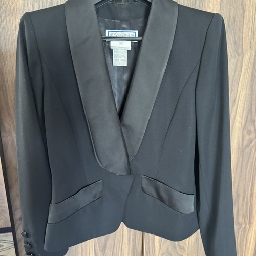 Yves Saint Laurent Variation black wool skirt suit with satin details FR 40