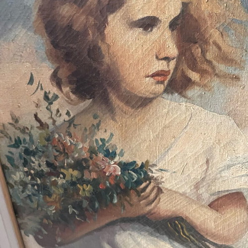 Canvas painting girl with flowers used, very old