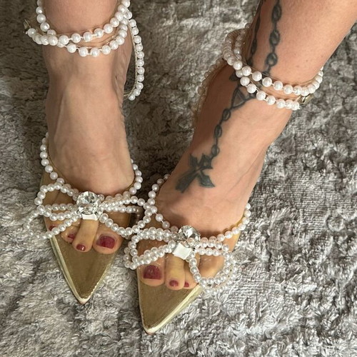 Pearl-embellished pumps new, size 39-39.5, white and beige