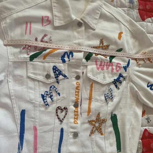 Rock denim jacket white with pearls and colorful details like new