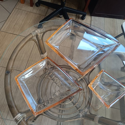 Set of 3 vintage glass decorative bowls with orange rim