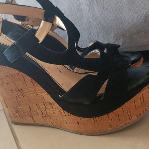 Ioannis women's black suede platform sandals with cork wedge