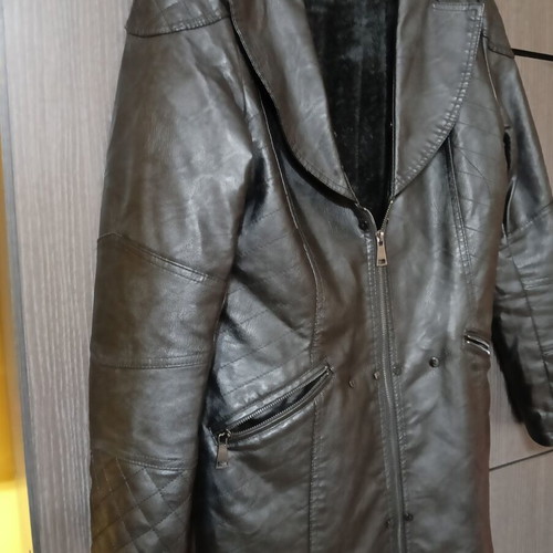 Regular women's leather coat XL, black, winter with faux fur lining