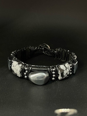 Men leather bracelet with hematite and snowflake obsidian new