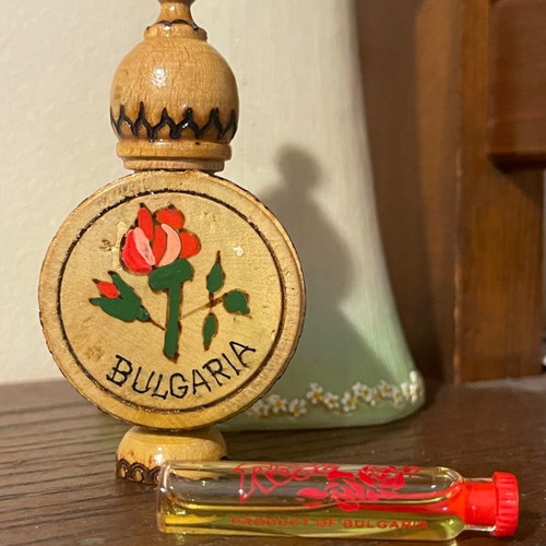 Vintage handmade wooden box with small Rosa mouth perfume used, traditional from Bulgaria