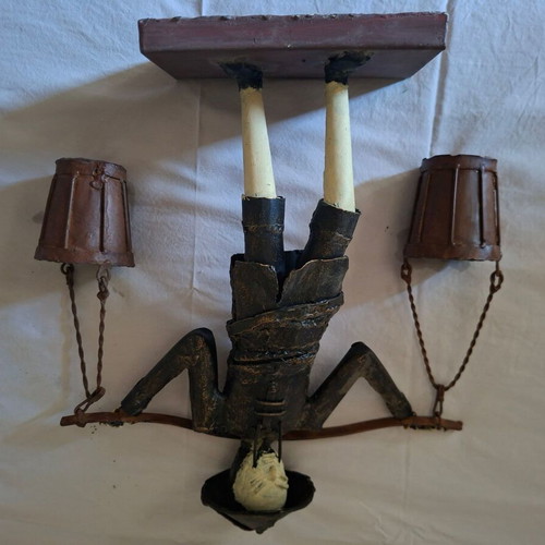 Asian Water Carrier Decorative Figurine like new, metal with wooden base
