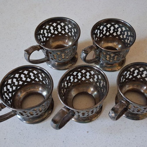 Vintage Silver-Plated Tea Glass Holders Set of 5 Used