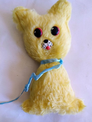 Vintage Greek plush toy, yellow with blue ribbon