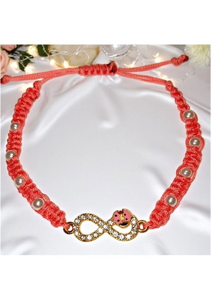 Handmade macrame bracelet with infinity, ladybug, zircon, white pearls and pink cotton thread new