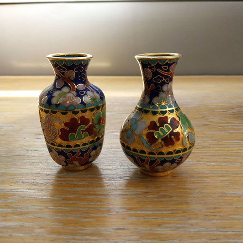 Cloisonné Miniature Vases Pair like new, enamel and bronze