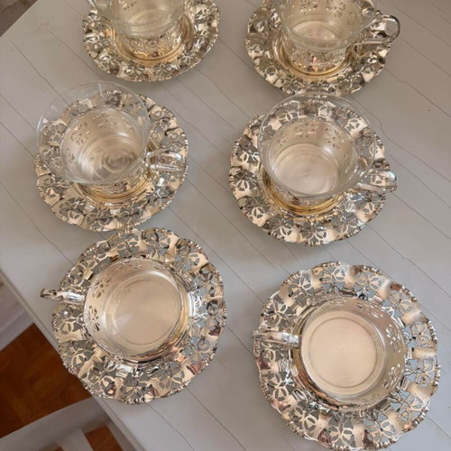 Vintage tea set 6 cups with glass and perforated metal bases like new