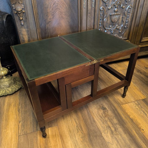 Antique mahogany metamorphic coffee table with leather top and library steps, Georgian style