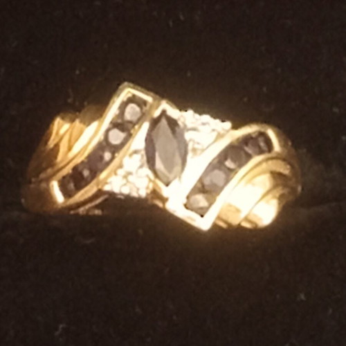 Gold ring with sapphire and diamond, like new, 10k vintage cocktail
