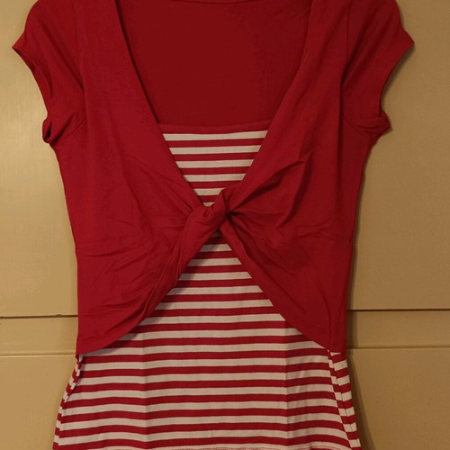 Red blouse with stripes and decorative knot like new