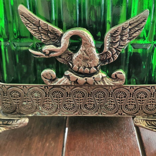 Vintage Italian glass bottle in metal base like new