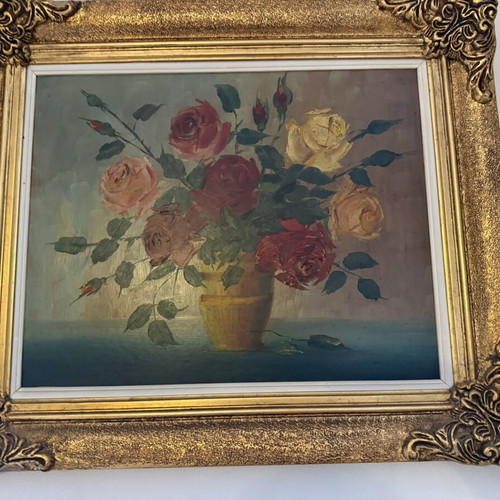 Painting with colorful roses in gold baroque frame like new