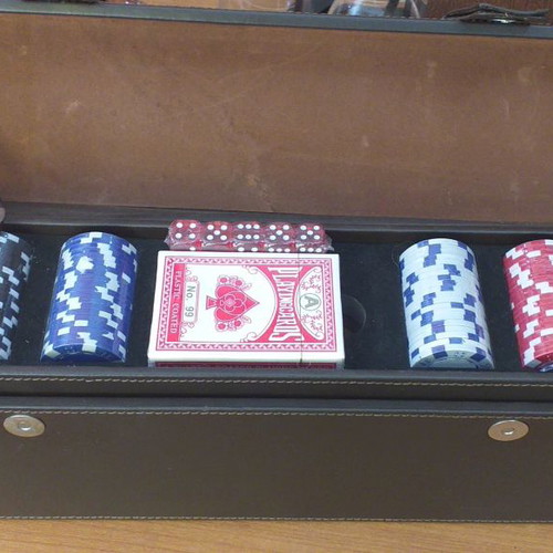 Leather bottle holder new with playing cards, dice and chips