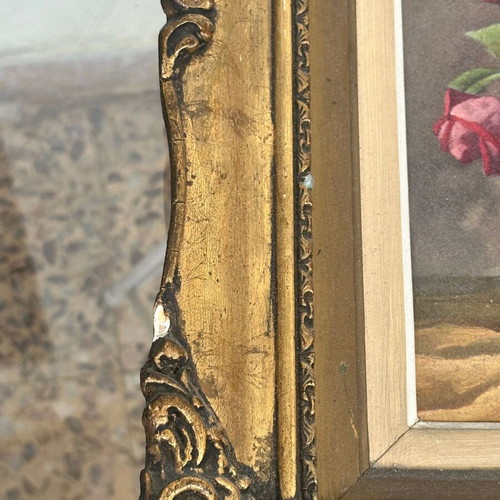 Vintage oil painting on canvas with roses in embossed gold wooden frame, used