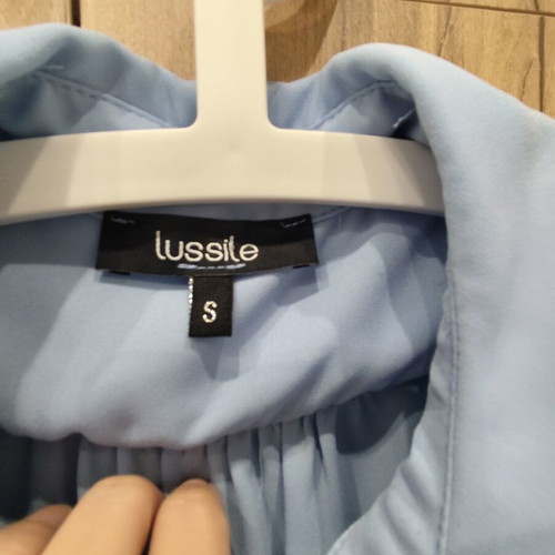 Lussile baby blue blouse with black lace and Peter Pan collar, size S