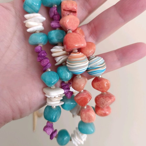 Long summer necklace with starfish, shells & semi-precious stones