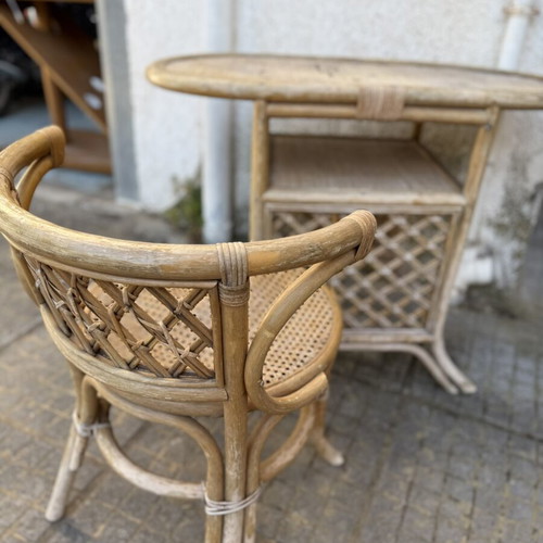 Rattan chair and table set used, vintage style for garden or balcony