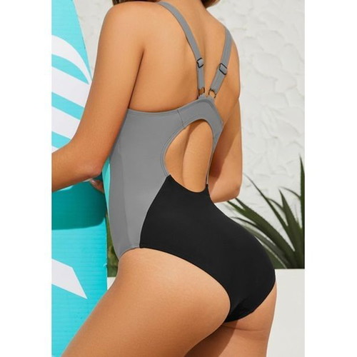 Shekini women's sport one-piece swimsuit with color panels, black/light gray, XL
