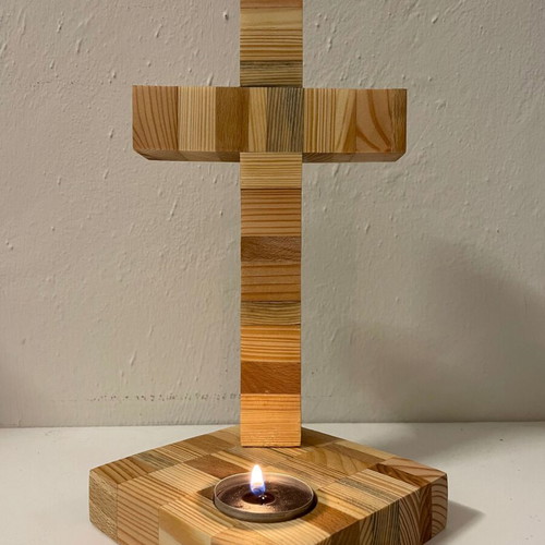 Handmade wooden cross with tealight holder new