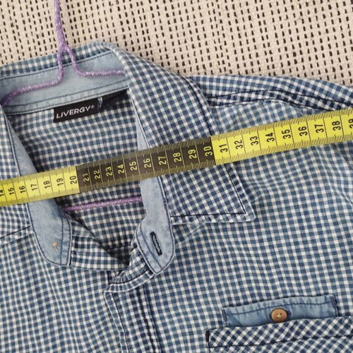 Livergy Cotton Shirt like new, blue beige plaid with denim details