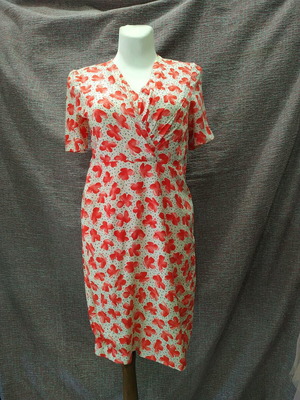 Silk dress used, handmade, size S, white and red