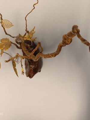 Handmade Driftwood Wall Sconce with Golden Leaves and LED Lights