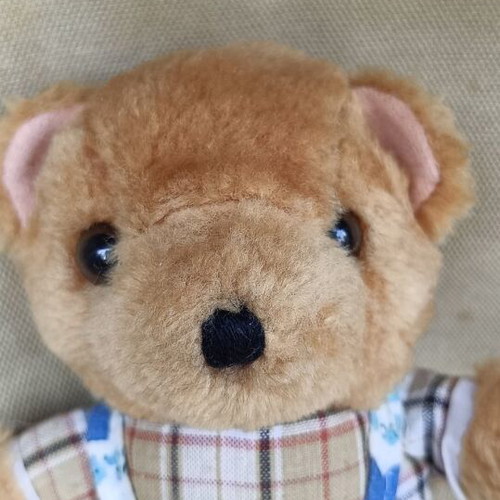 Teddy Bear 15.5 cm used, vintage soft toy with work outfit