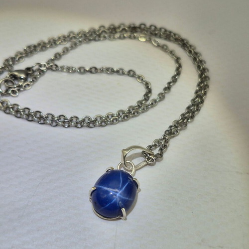 Blue Star Sapphire Silver 925 Bezel Necklace with Steel Chain new