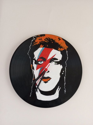 Wall clock made from vinyl record used with Ziggy Stardust sticker