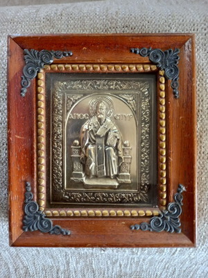 Saint Spyridon image used, silver-plated in decorated wooden frame