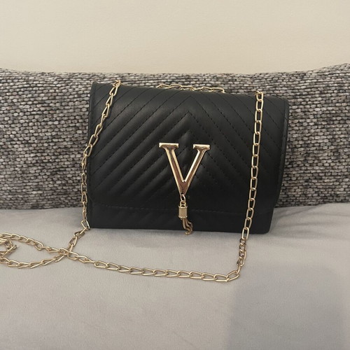 Bag new black chevron quilted with gold chain and V detail