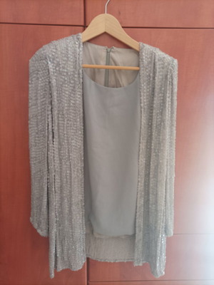 Aslanis Home Official Suit like new, gray crepe satin fabric with beads and sequins