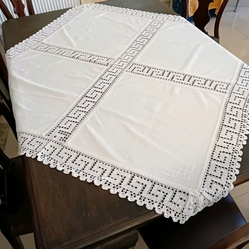 Large tablecloth with handmade cross lace, cotton, like new, white
