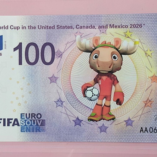 FIFA World Cup 26 100 Euro 2026 souvenir banknote new, Canada mascot Maple