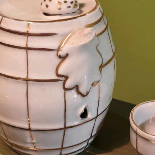 Rafit liqueur raki set used, porcelain with checkered pattern