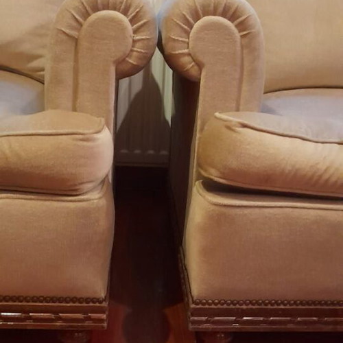 Velveteen three-seater sofa used with armchair set green