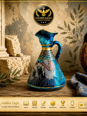 Handmade painted jug with ancient Greek women and meanders
