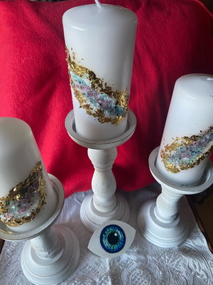 Handmade candle new with gold leaf and stones in purple and ciel