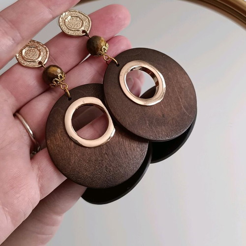 Boho wooden large earrings with tiger eye