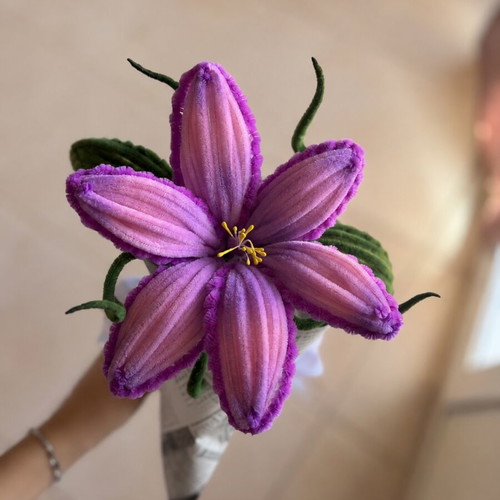Handmade bouquet with pipe cleaner flower in pink and purple