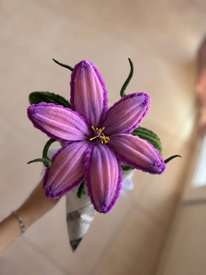 Handmade bouquet with pipe cleaner flower in pink and purple