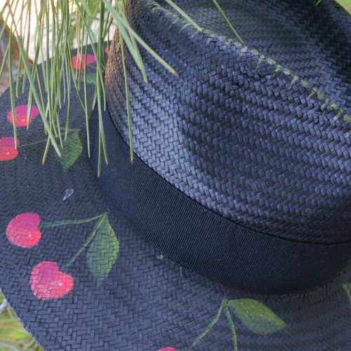 Elena Chalati straw fedora hat used, hand-painted cherries, size M