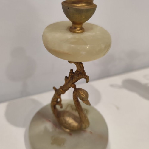 Vintage onyx candlestick with embossed swan decoration